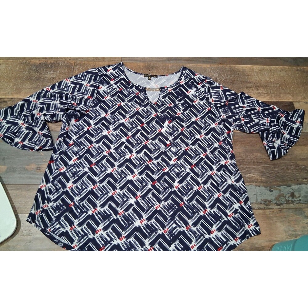 Always Indigo 3X  Tunic Blouse  Gold Metal 3/4 Sleeve Plus  EUC B21